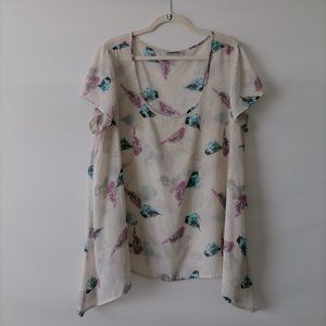 Torrid Off White, Blue, Multi Scoop Neck S Boho Bird Print Blouse 1X